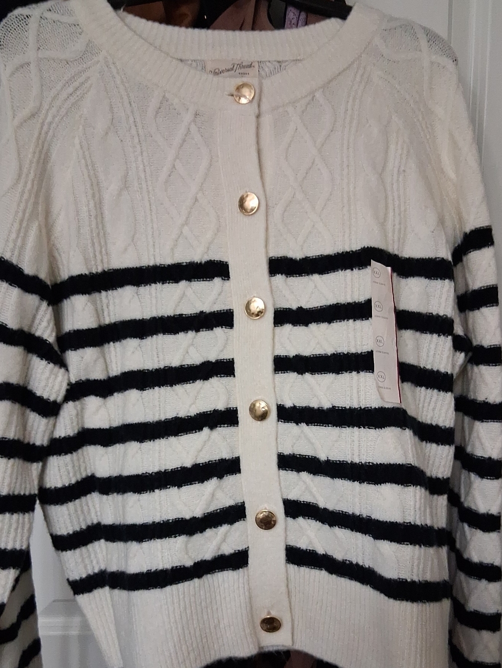 Universal Thread Cream & Black Striped Cable-Knit Button Cardigan